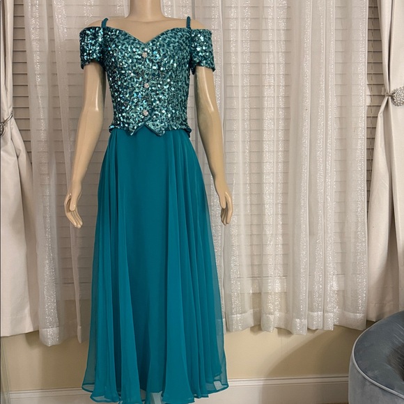Mike Benet Stunning Teal Sequin Off-Shoulder Evening / Formal Maxi Dress - Picture 1 of 5